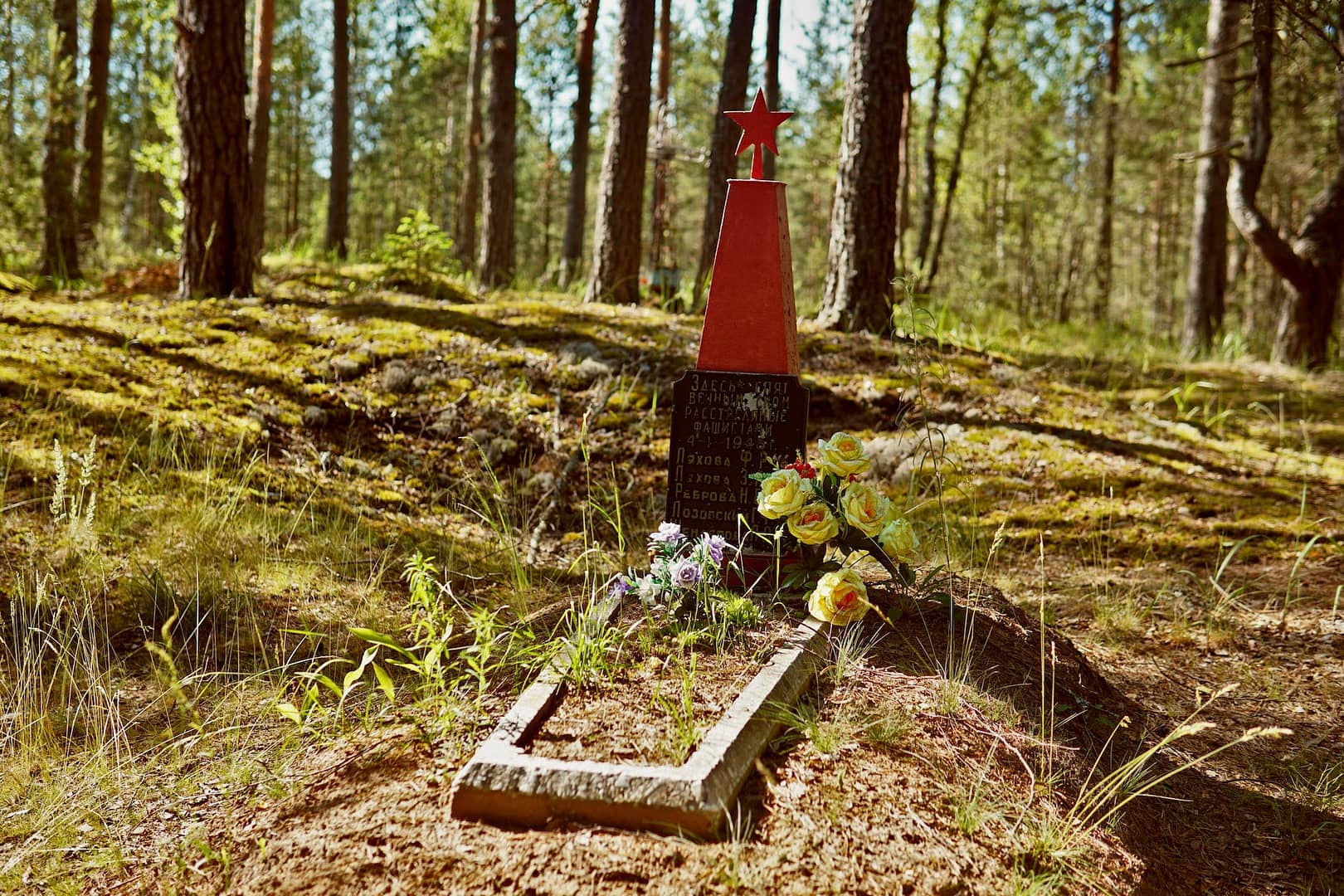 grave with a cyrillic inscription in a forest